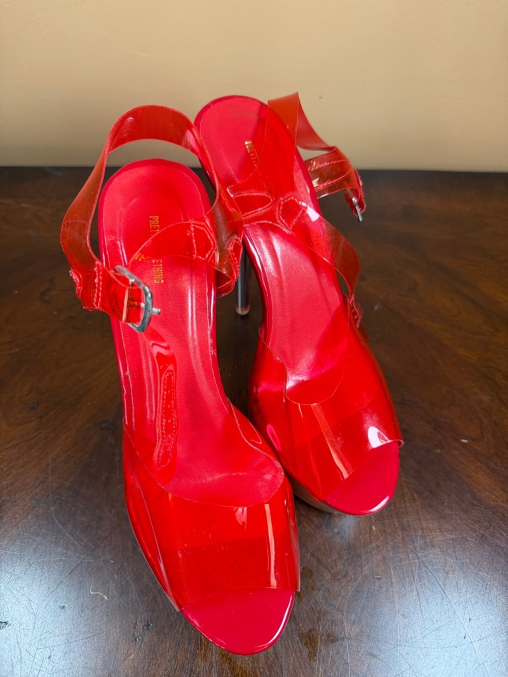 PrettyLittleThing Red Patent‎ Slingback Peep-Toe Heels